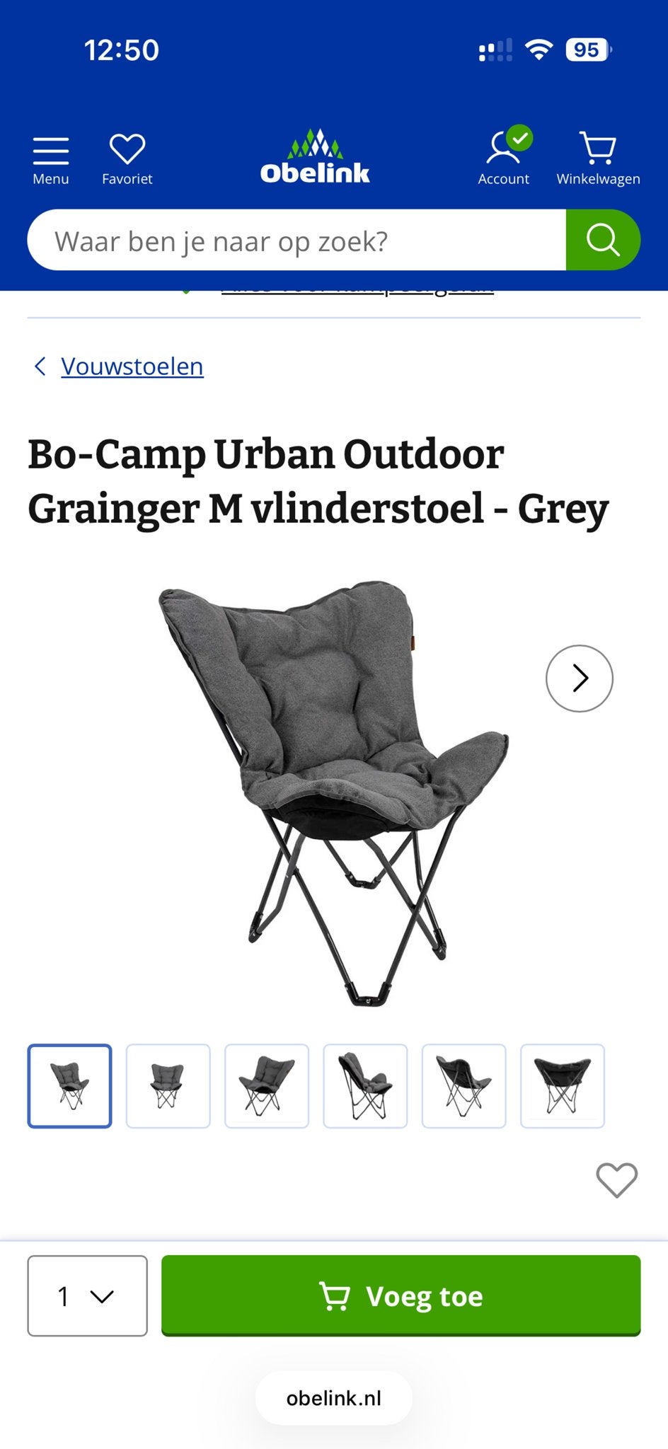 Bo-Camp Urban Outdoor Grainger M vlinderstoel - Grijs, Ophalen, Nieuw, Eén, Stof