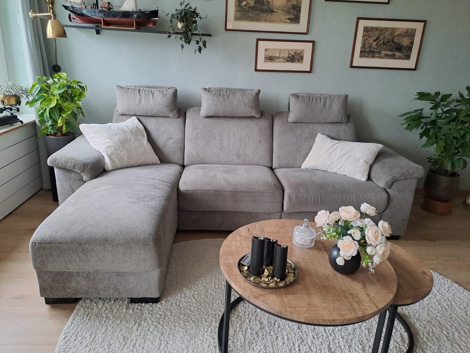Grijze hoekbank met relaxfunctie - 260x160 cm, Ophalen, 250 tot 300 cm, Hoekbank, Zo goed als nieuw