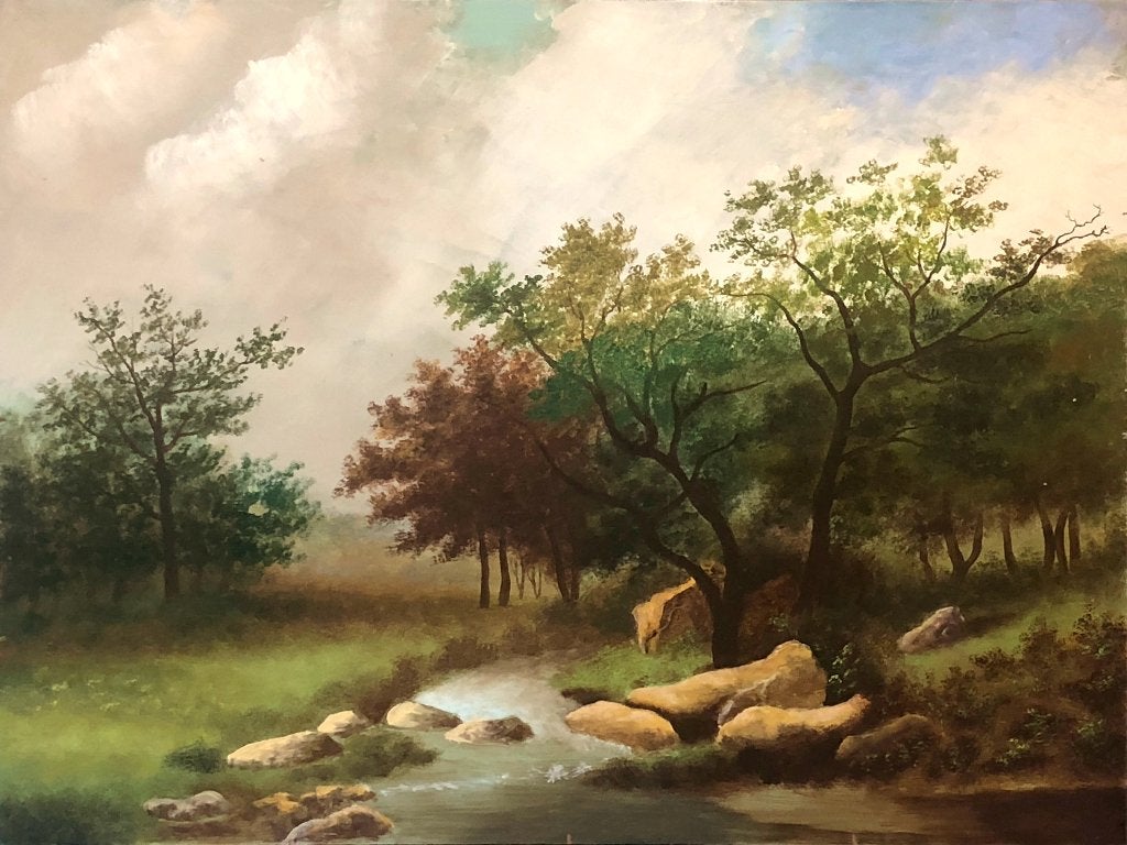 Schilderij 'Bosrijk landschap met stromende beek', Ophalen of Verzenden