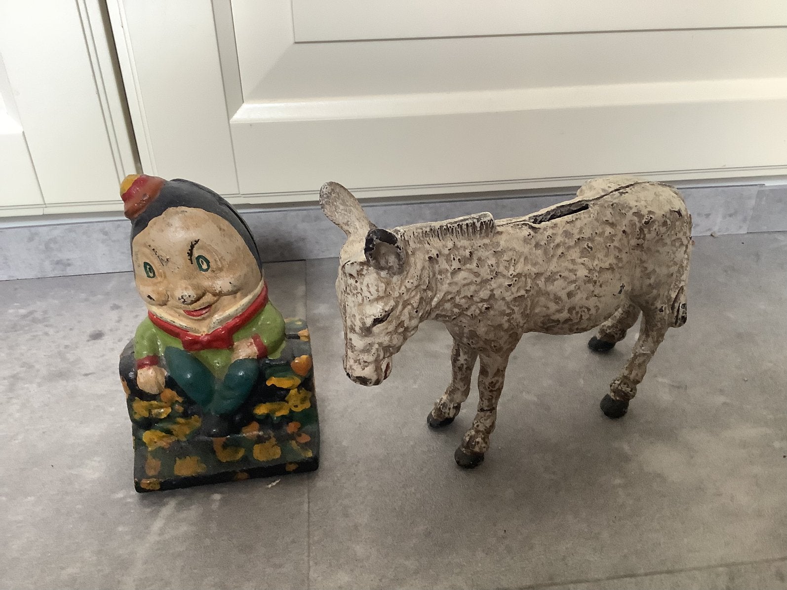 Gietijzeren spaarpot Humpty Dumpty en ezel, Ophalen, Gebruikt