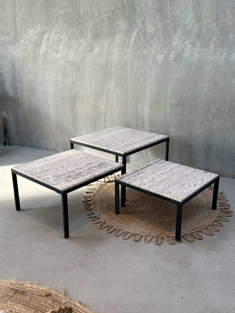 Vintage travertin salontafelset / bijzettafels / mimi-set, Ophalen, Overige materialen, Minder dan 50 cm, Q