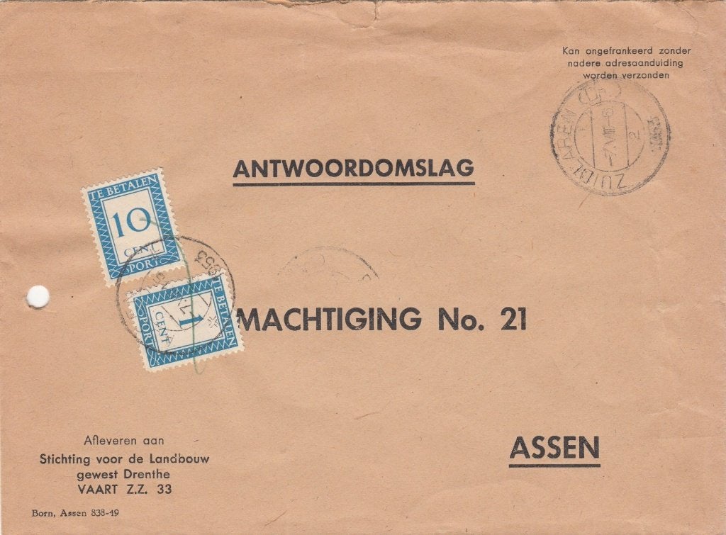 Nederland Antwoordomslag met port 80 + port 87 uit 1953, Postzegels en Munten, Ophalen of Verzenden