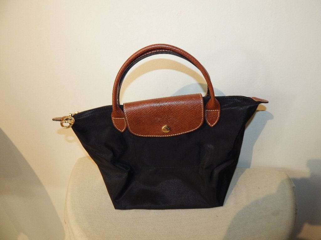 Longchamp zwarte handtas bruin leer gouden hardware, Verzenden, Zo goed als nieuw, Zwart, Handtas