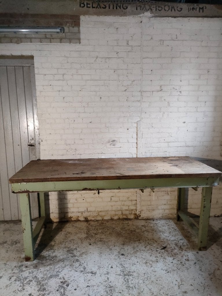 Werkbank tafel stalen groen frame houten blad, Ophalen, Gebruikt, 70 tot 120 cm, Bankschroef