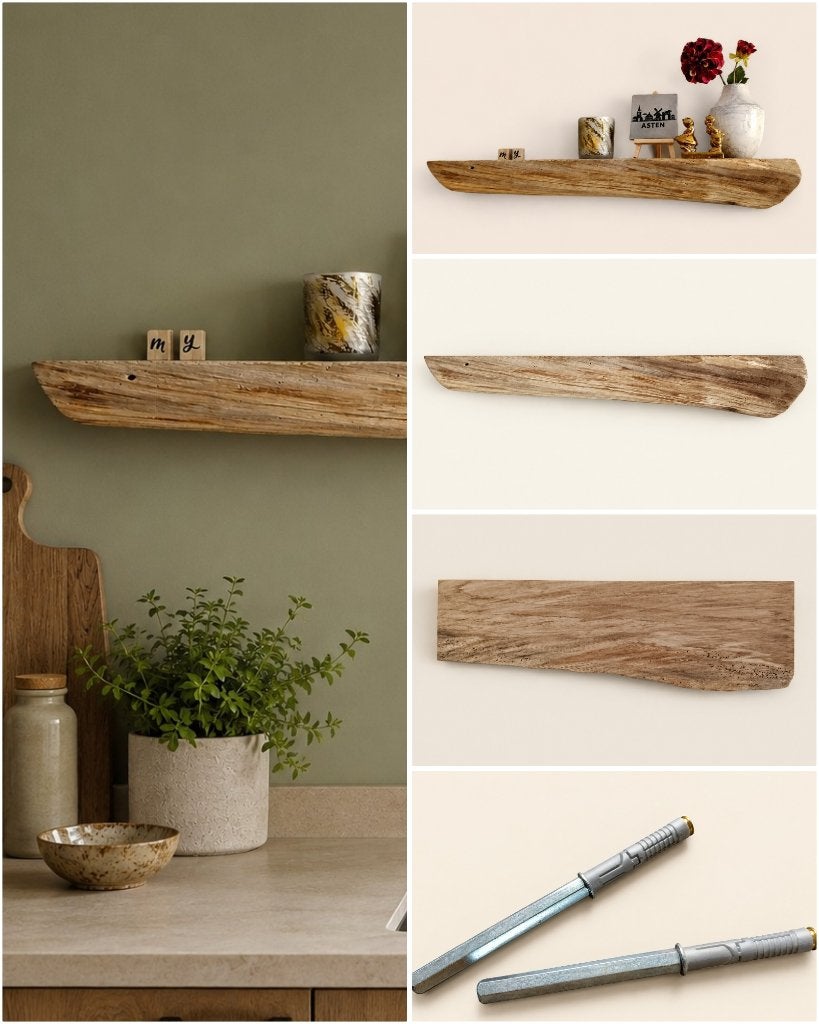 Zwevende eiken boomstam wandplank + montagepennen 64cm #156B, Houtatelier M.Y., Info@myhoutatelier.nl, Nieuw, Ophalen of Verzenden