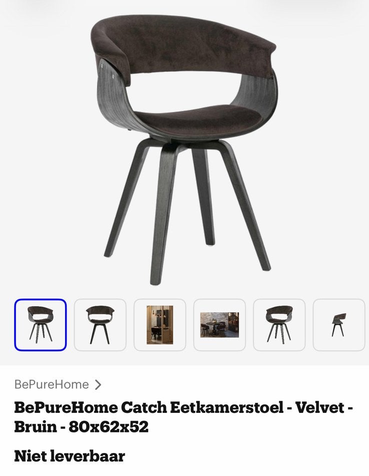 BePureHome Catch eetkamerstoelen - Velvet - Bruin, Ophalen, Overige materialen, Bruin, Zo goed als nieuw