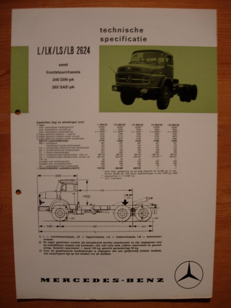 Mercedes 2624 L LK LS LB Torpedo 1973 Specificatie Brochure, Zo goed als nieuw, Mercedes-Benz, Mercedes, Ophalen of Verzenden