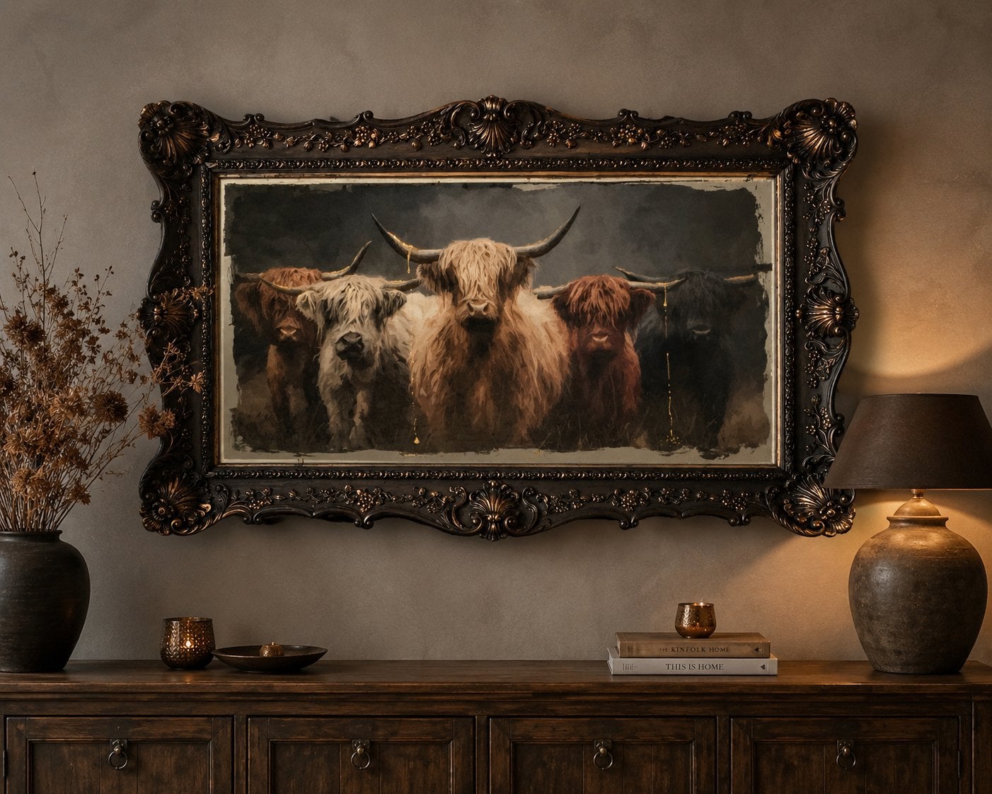 spiegelkunst Highland Cows in baroklijst made BY Warm, Ophalen, Achter glas, Realistisch, Dieren