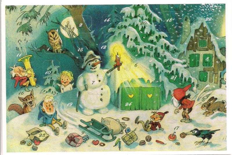 Adventskalender Kaart: Kabouter Kerst met sneeuwpop - 12406, Ophalen of Verzenden, Nieuw