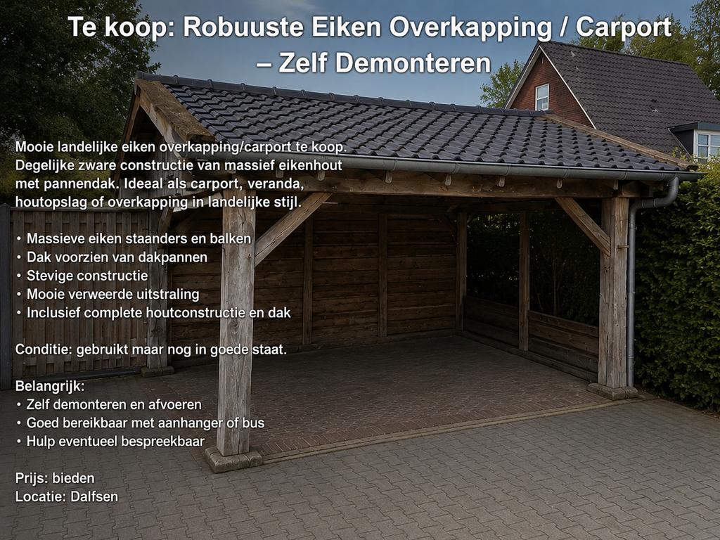 Robuuste Eiken Overkapping / Carport - Zelf Demonteren, Tuin en Terras, Overkappingen, Ophalen, Zo goed als nieuw, Carport