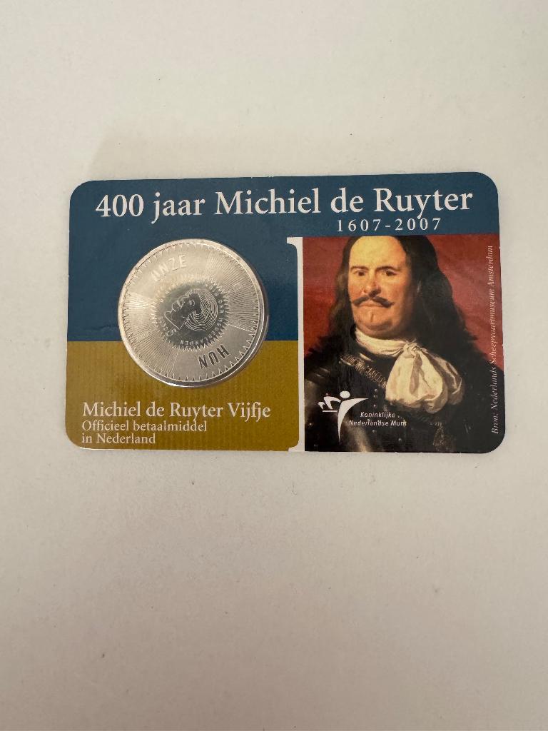 Het Michiel de Ruyter vijfje 2007 UNC Coincard, zilver € 5,-, Postzegels en Munten, Koningin Beatrix, Zilver, Euro's, Ophalen of Verzenden