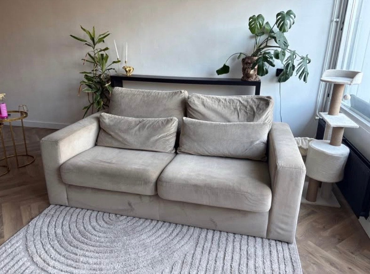 Comfortabele 2-zits bank - Beige stof, Ophalen, 150 tot 200 cm, Tweepersoons, 75 tot 100 cm