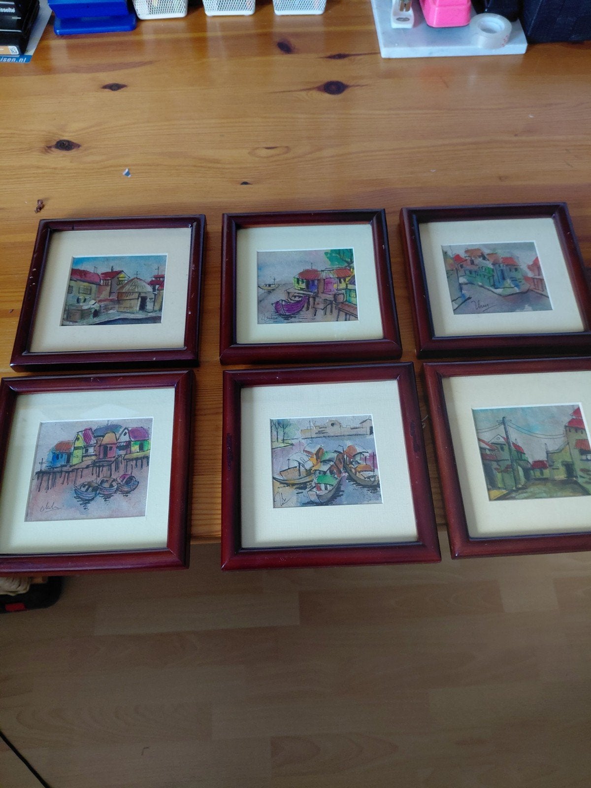 Set van 6 ingelijste Vietnamese aquarellen - ophalen, Antiek en Kunst, Ophalen