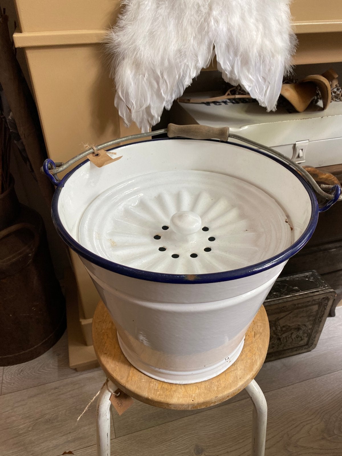Leuke Emaille Emmer, Wit met Blauw, Brocante, Antiek en Kunst, Ophalen