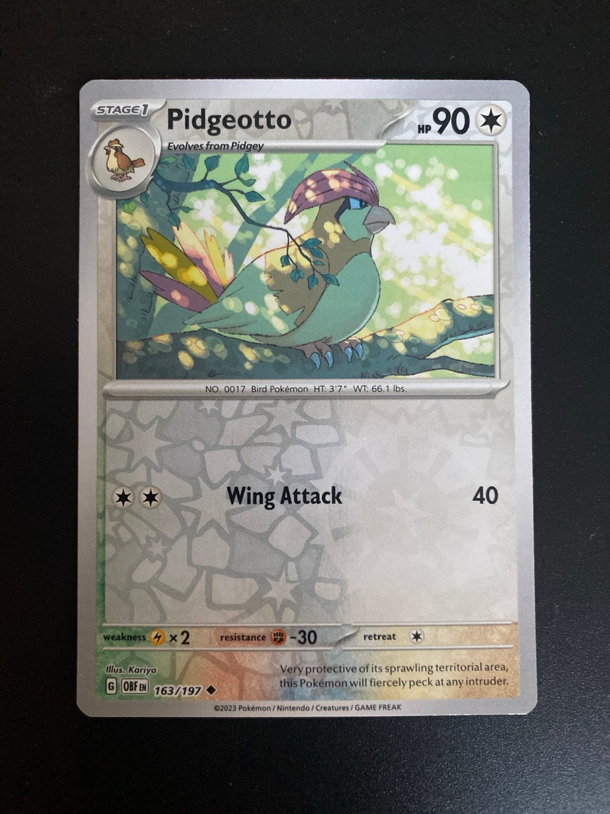 Pidgeotto 163/197 Reverse Holo Obsidian Flames, Ophalen of Verzenden, Zo goed als nieuw, Losse kaart, Foil