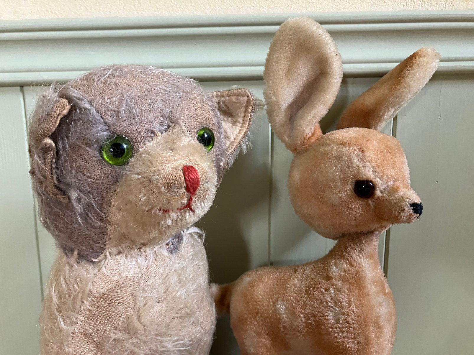 ❤️ 2x ANTIEK speelgoed KAT en Hert bambi pluche poes knuffel, Ophalen of Verzenden