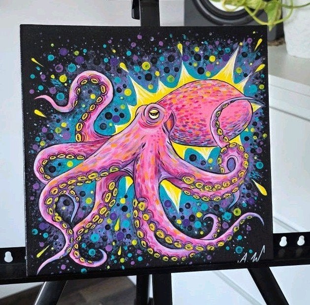Handgeschilderd schilderij – Kleurrijke octopus – 25x25 cm, Ophalen, Acrylverf, Gesigneerd, Dieren