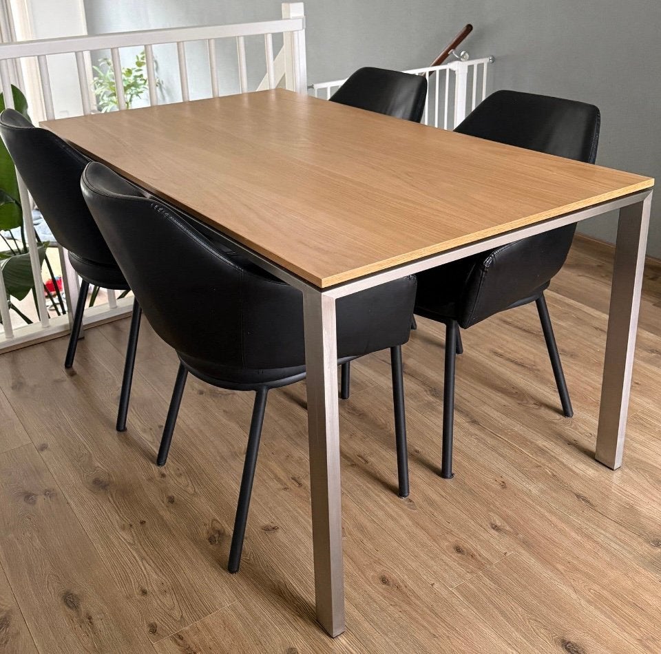 Design eettafel met stoelen – massief hout & uniek design, Ophalen, Kunststof, 50 tot 100 cm, Zo goed als nieuw