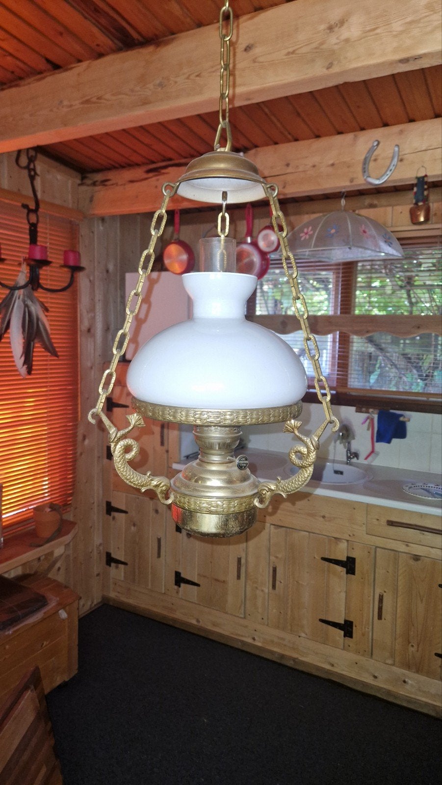 Antieke hanglamp met olielamp-stijl, Antiek en Kunst, Ophalen