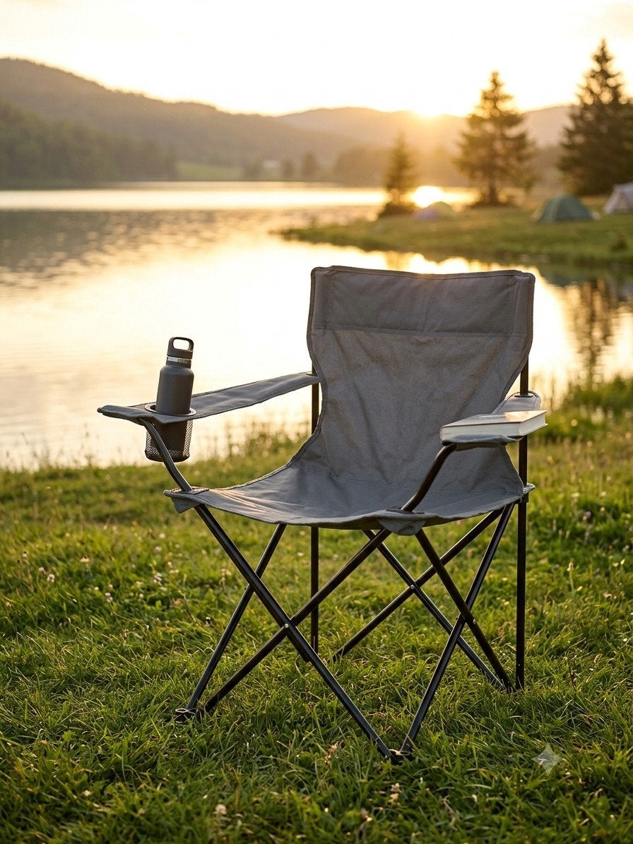 Foldable Camping & Outdoor Chair with Cup Holder – Grey, Ophalen, Gebruikt, Campingstoel