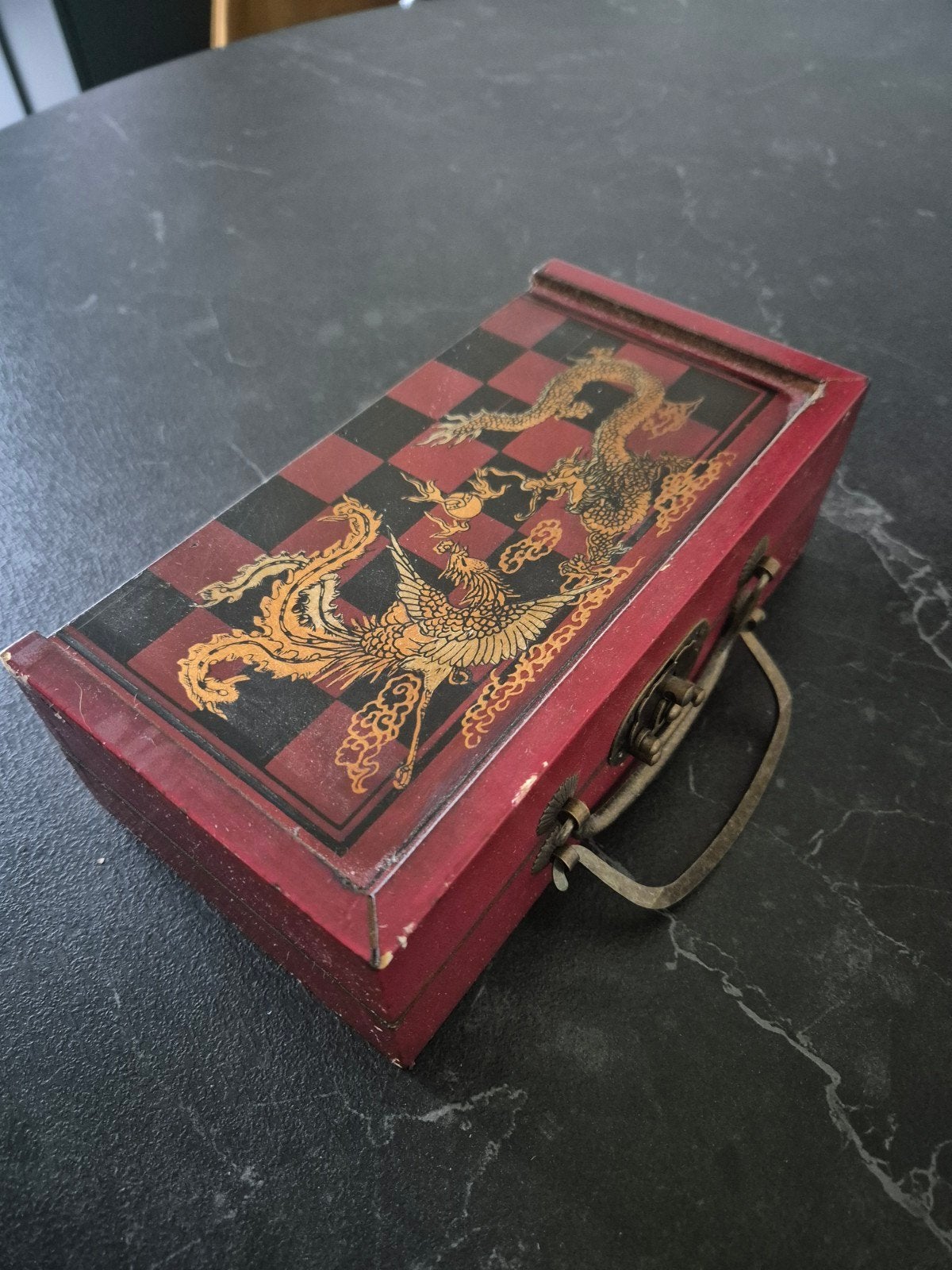 Vintage Chinees schaakspel in houten kistje, Ophalen, Gebruikt