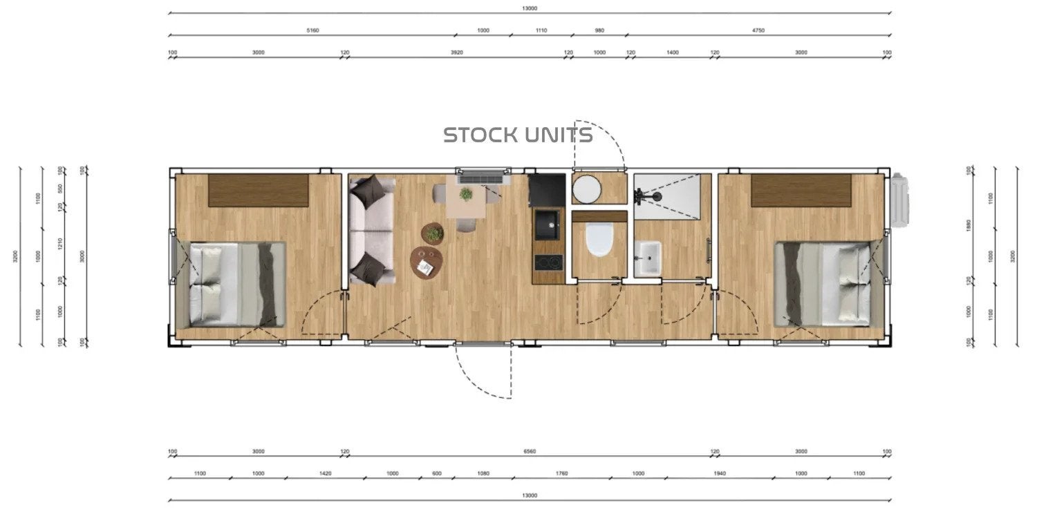 StockUnits Woonunit 13x3,2m -2 slaapkamers -Direct Leverbaar, Ophalen of Verzenden, Nieuw