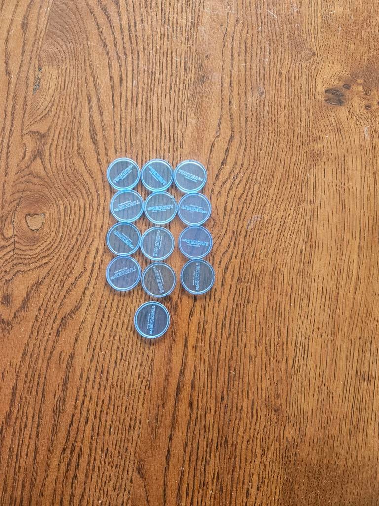 13 blauwe plastic fiches/munten, Hobby en Vrije tijd, Overige Hobby en Vrije tijd, Ophalen of Verzenden, Gebruikt