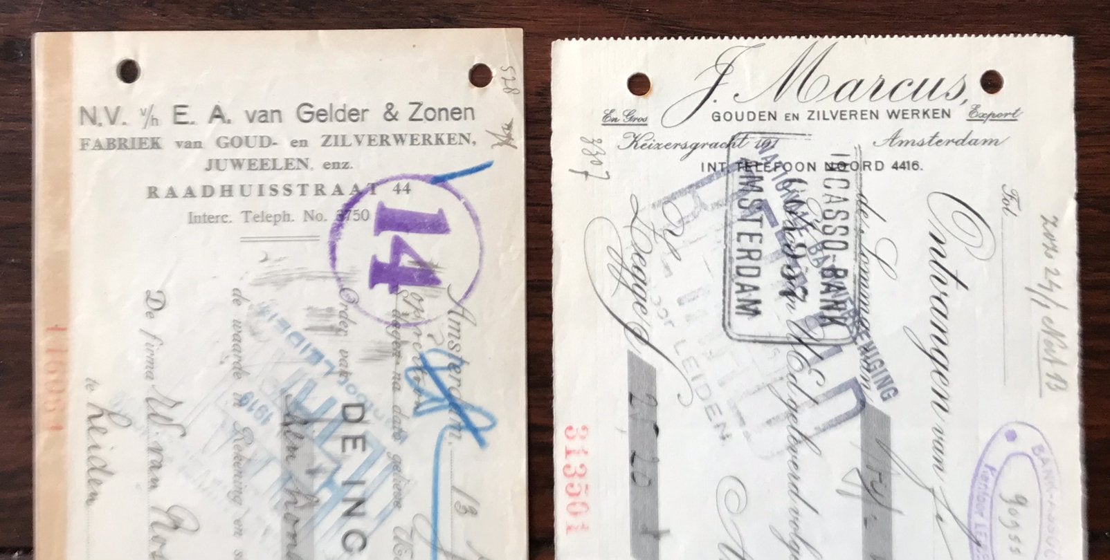 2 Oude Amsterdam Rekeningen van Goud  en Zilver 1919, Ophalen of Verzenden, Gebruikt, Overige typen