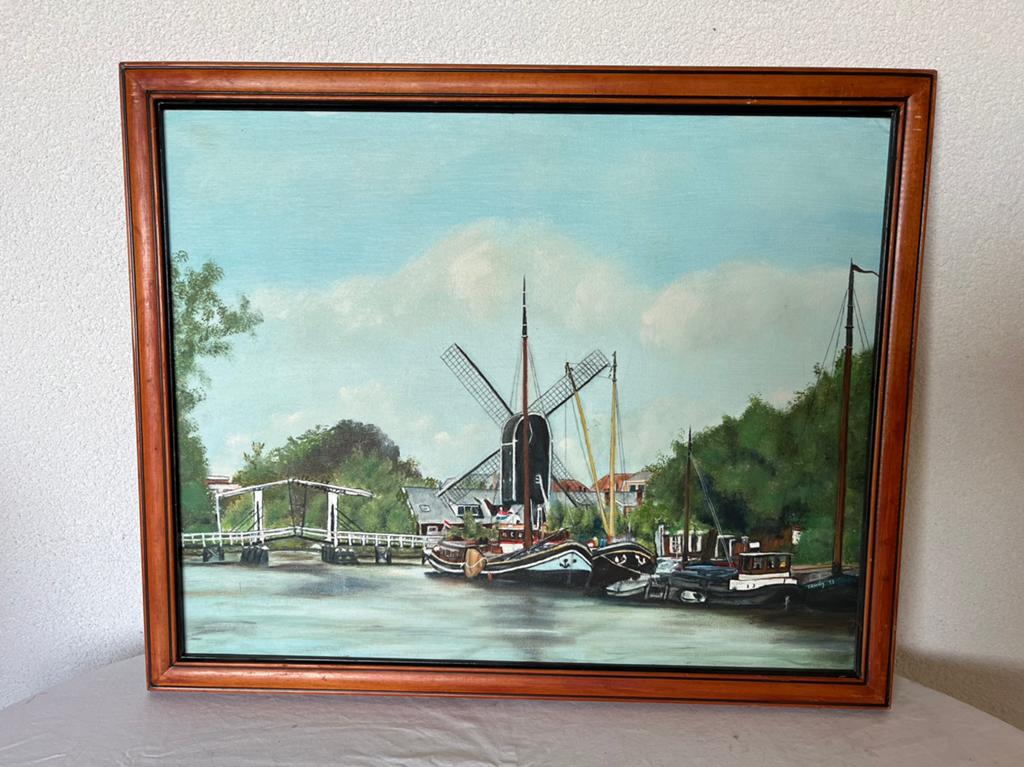 Schilderij Haven Leiden Molen De Put Windmolen Brug Holland, Ophalen of Verzenden