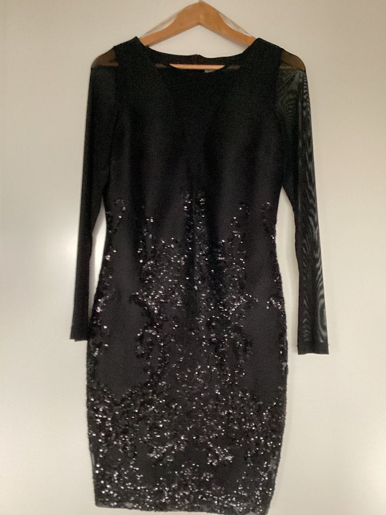 Jurk met glitters en doorschijnende mouwen, Kleding | Dames, Zwart, Maat 42/44 (L), Ophalen of Verzenden, Boven de knie