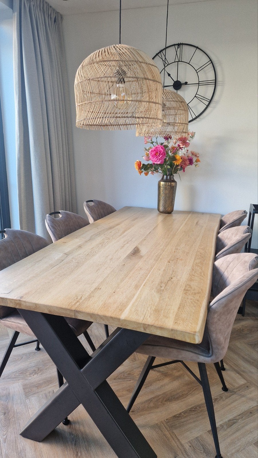 Rustiek eiken eettafel met stoelen, Huis en Inrichting, Tafels | Eettafels, Ophalen, Rechthoekig, 200 cm of meer, 50 tot 100 cm