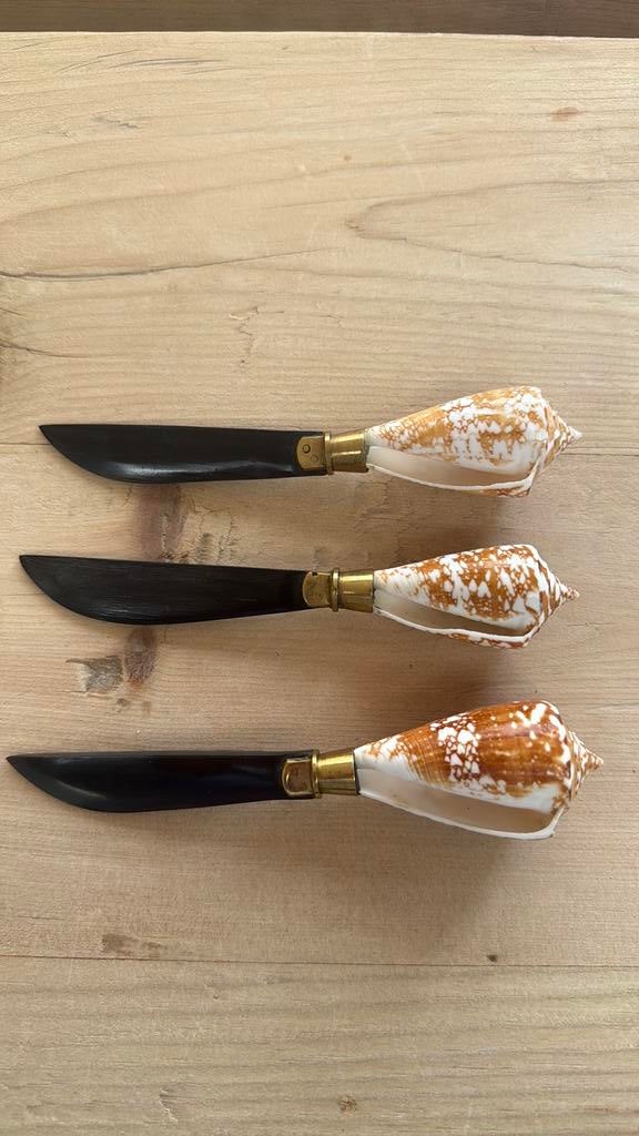 3 oude botermesjes met hoorn en schelp, Ophalen of Verzenden, Gebruikt, Overige materialen, Los bestek
