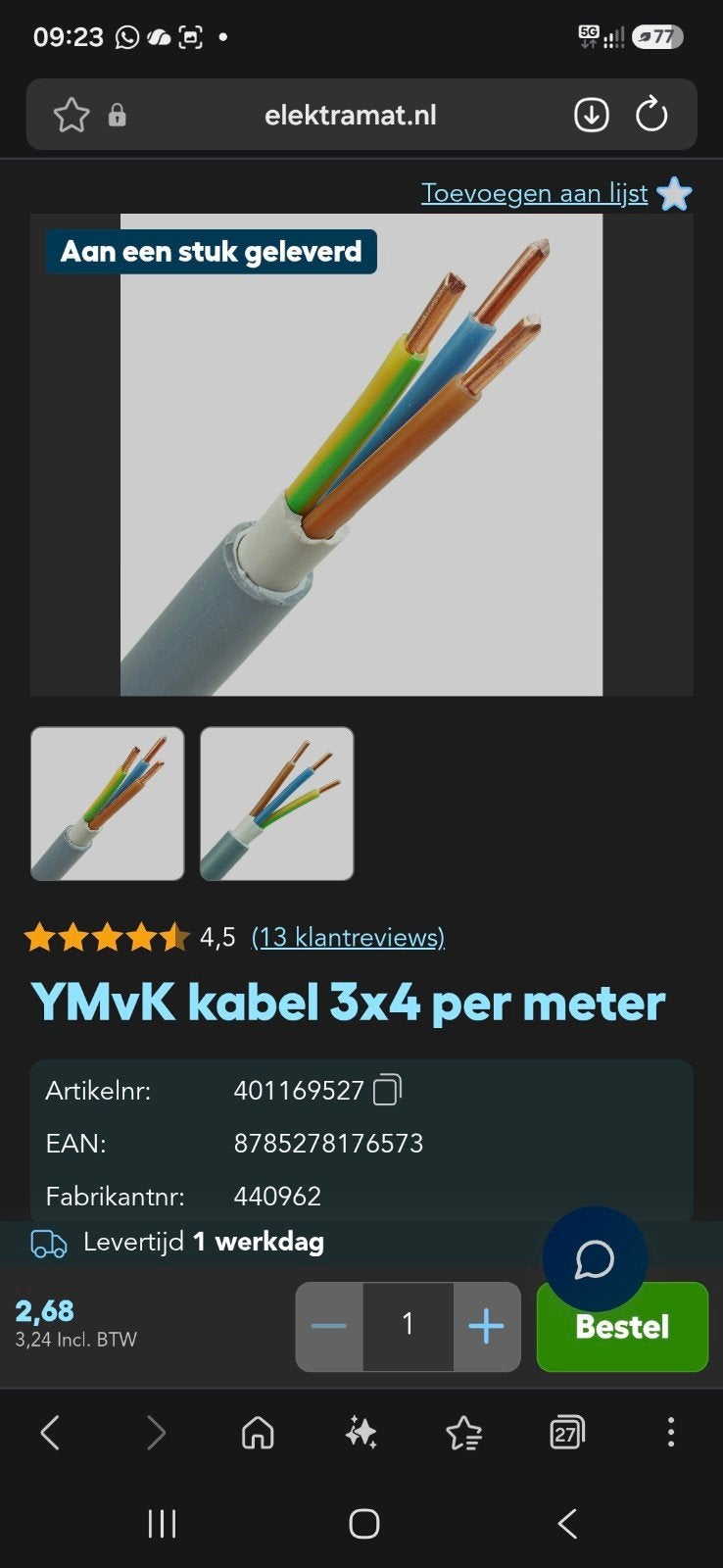 YMvK kabel 3x4 per meter - 12m, Ophalen of Verzenden