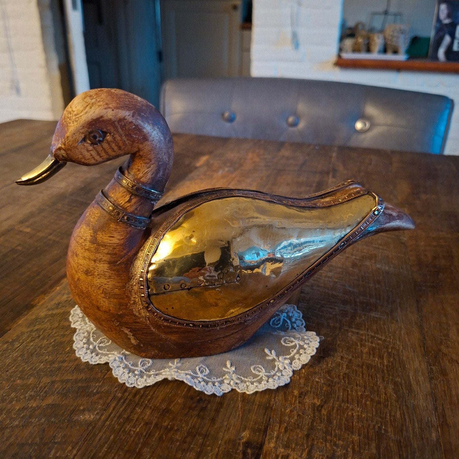 Houten Eend met Koperen Vleugels 24x7 cm groot, Ophalen of Verzenden