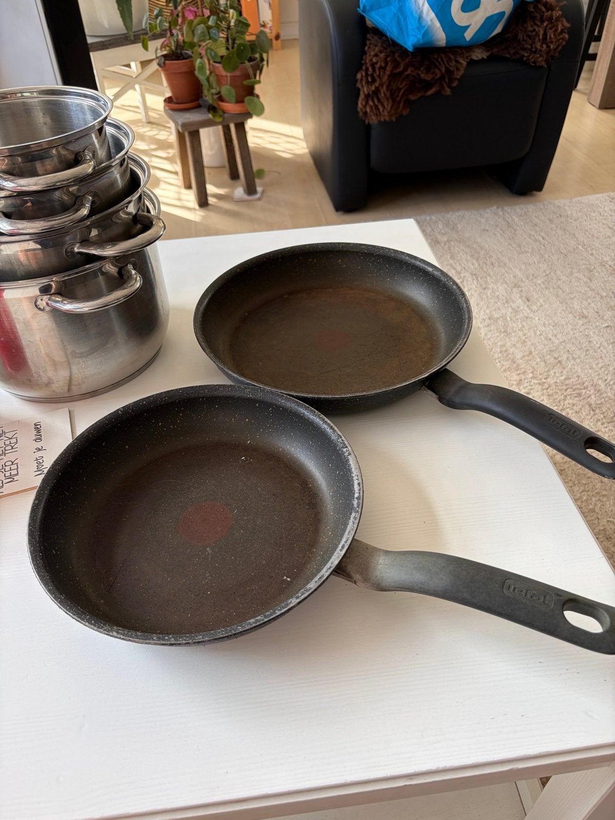 Pannenset en koekenpannen - Gebruikt, Huis en Inrichting, Keuken | Potten en Pannen, Ophalen, Met deksel, Pannenset, Rvs