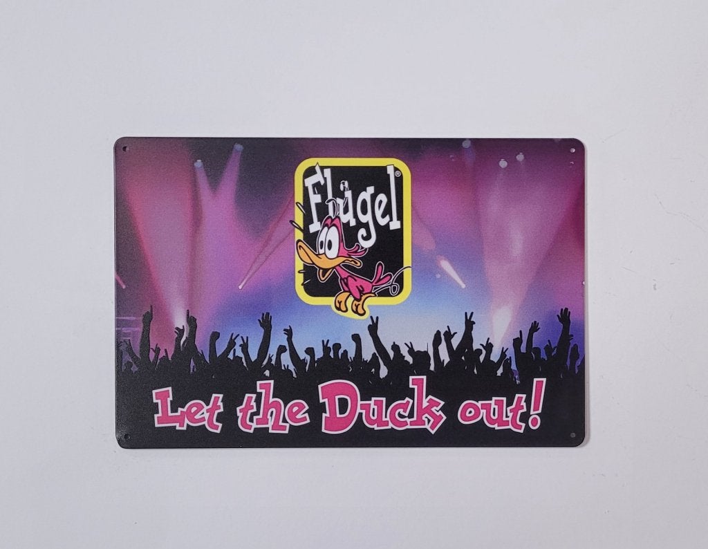 Flugel let the duck out horizontaal reclamebord van metaal, Verzamelen, Merken en Reclamevoorwerpen, Reclamebord, Info@deconoord.nl