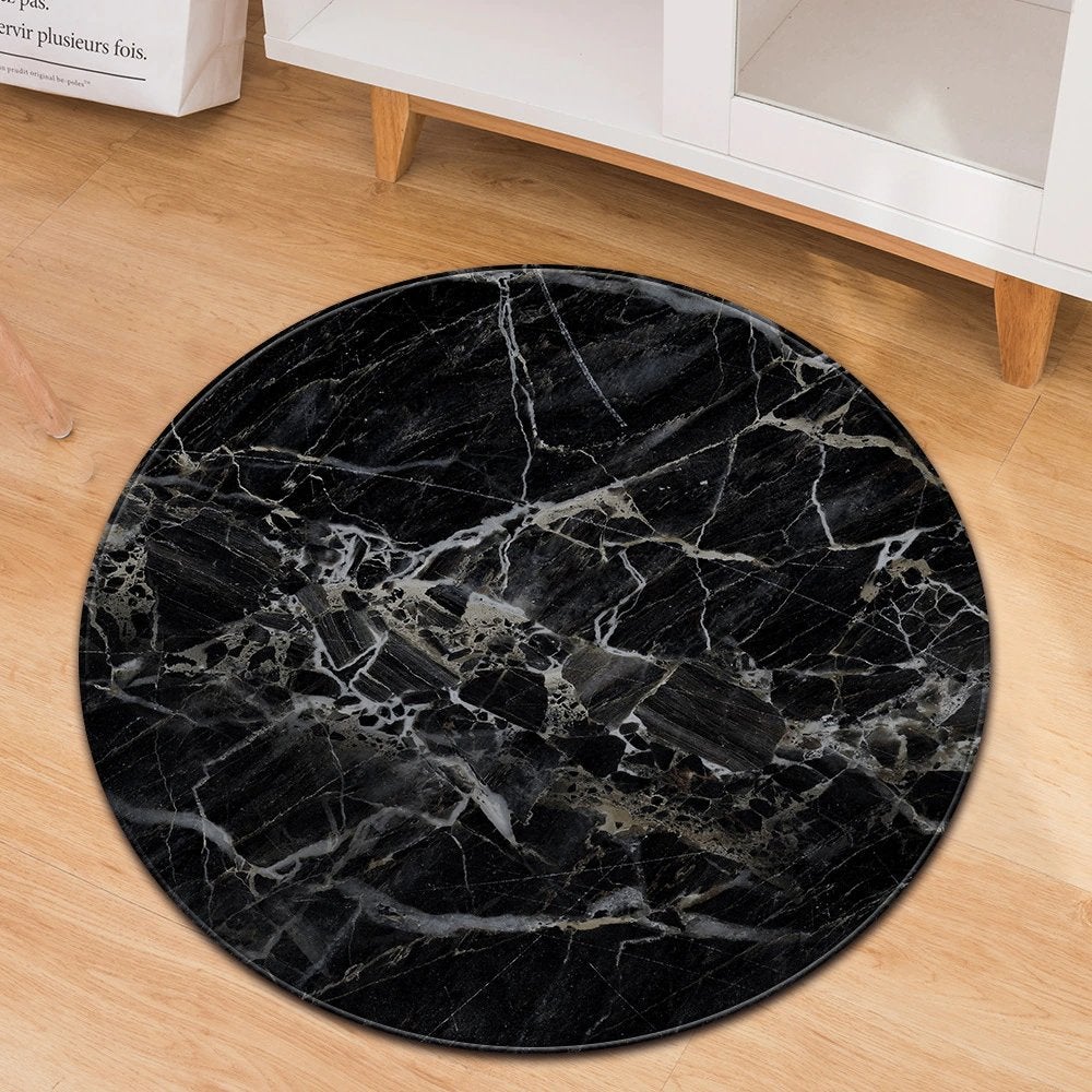 Zwart Marmer Rond Vloerkleed / Tapijt Vloermat Steen Mat, 100 tot 150 cm, Verzenden, Zwart, Rond