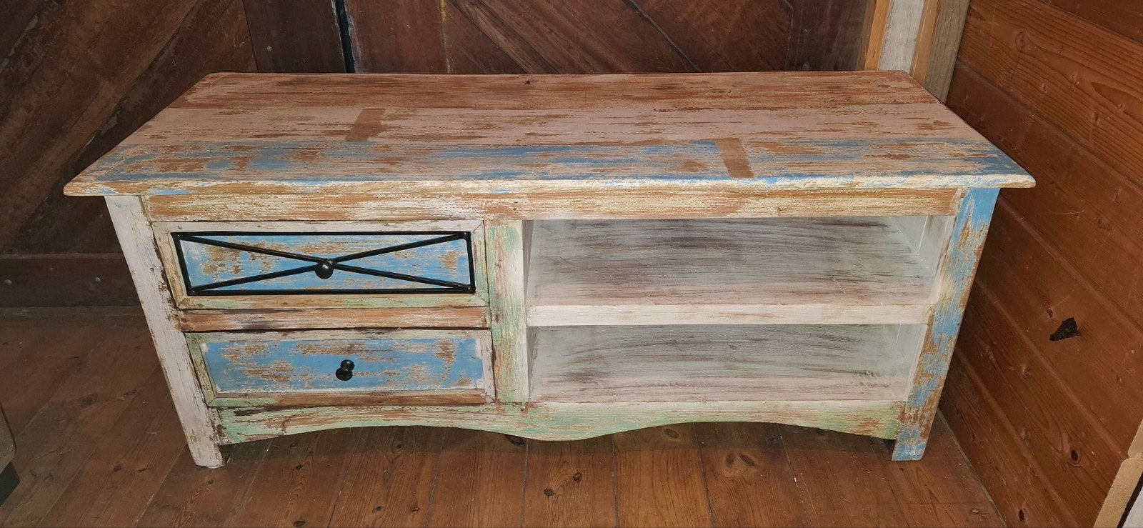 tv-meubel van massief hout Ibiza style, Huis en Inrichting, Ophalen, Gebruikt, 100 tot 150 cm, Minder dan 100 cm