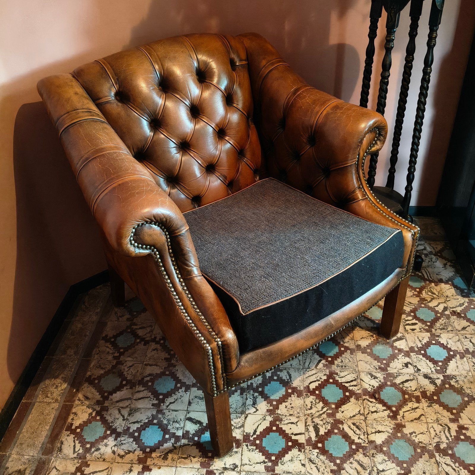 ❤️ Antieke schapenlederen Chesterfield fauteuil, Huis en Inrichting, Ophalen, Chesterfield, Zo goed als nieuw, Leer