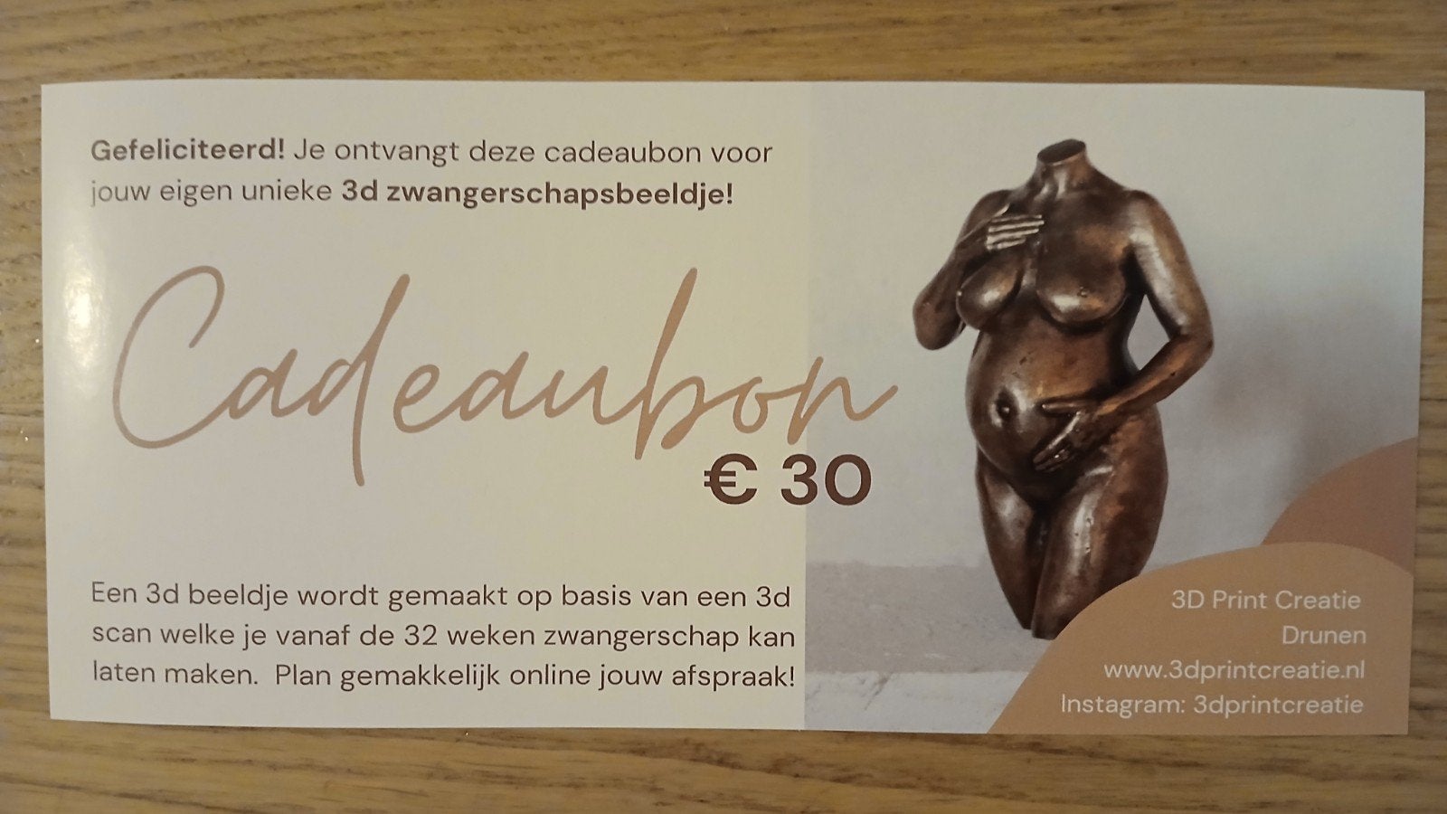 Gratis cadeaubon €30 korting 3d zwangerschapsbeeldje, Tickets en Kaartjes, Eén persoon, Cadeaubon