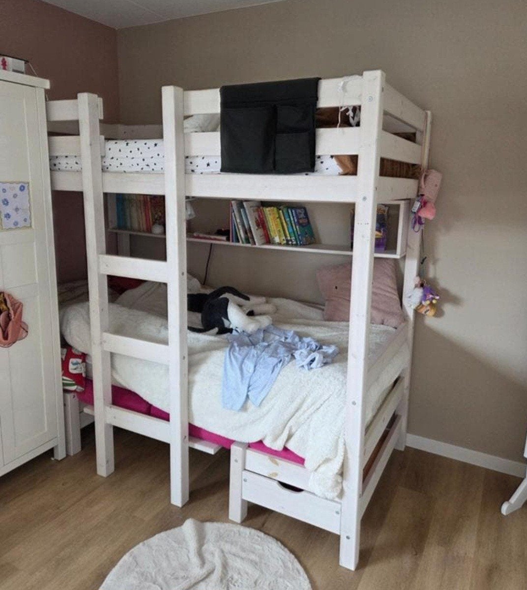 Stevig wit stapelbed/hoogslaper met opbergruimte, Ophalen, Gebruikt, 90 cm, Tweepersoons