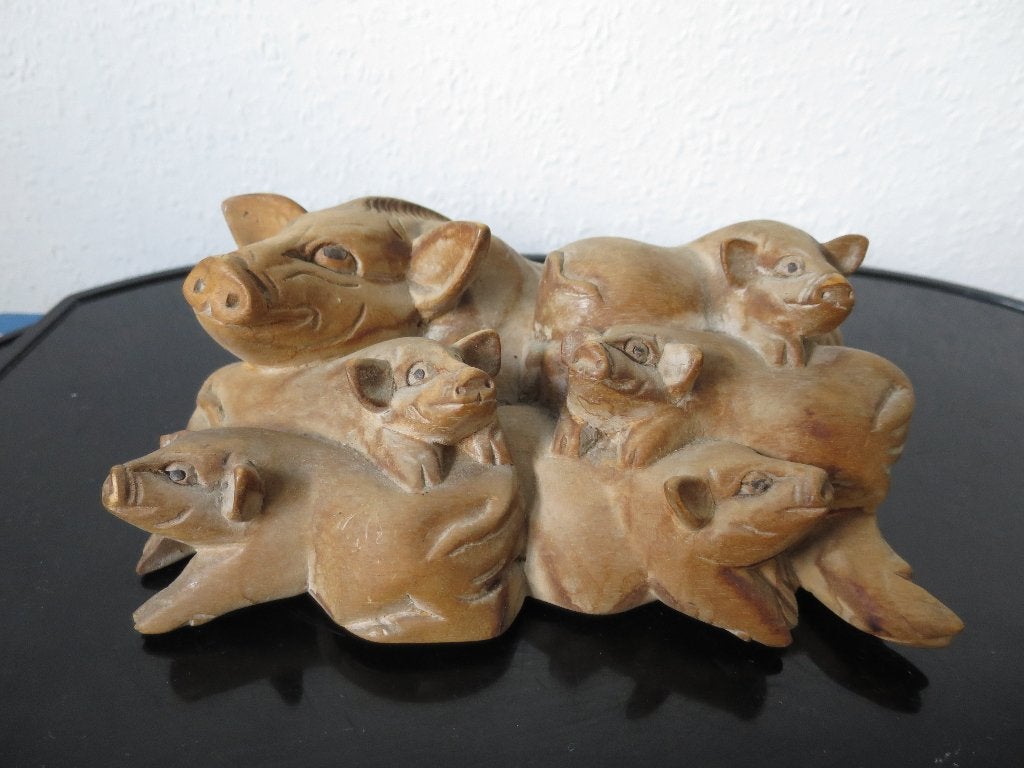 MOOI UIT HOUT GESNEDEN VARKEN/ZEUGEN BEELD 20/14/9 CM, Antiek en Kunst, Ophalen of Verzenden