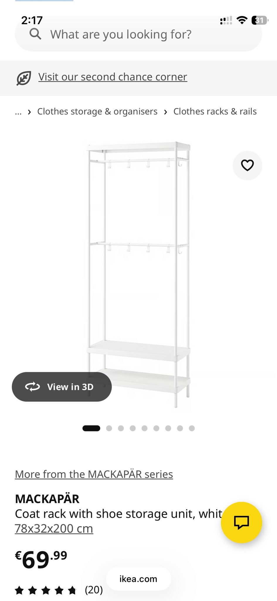 IKEA MACKAPÄR kapstok met schoenenrek, wit, Ophalen, Zo goed als nieuw