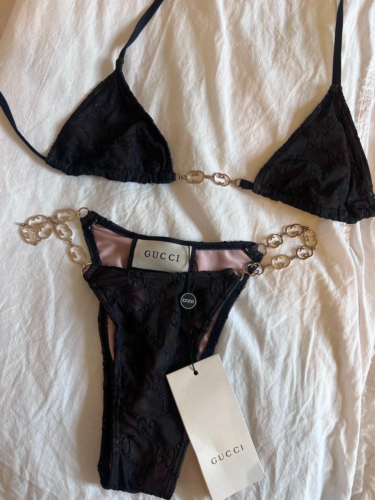 Gucci Bikini met GG-logo en kettingdetails - Maat S (valt al, Ophalen of Verzenden, Nieuw, Zwart, Bikini