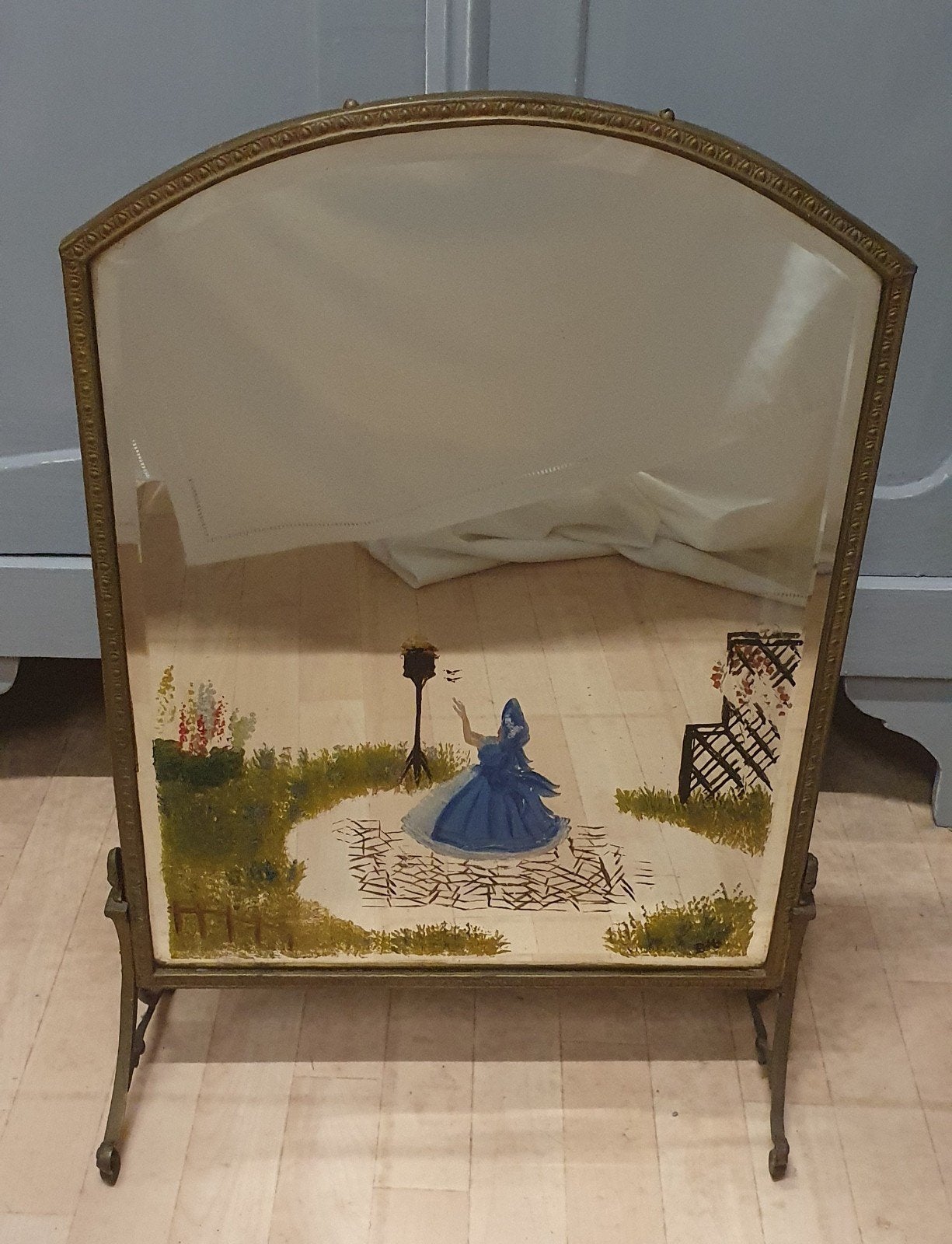 Vintage haardscherm met spiegel met print koperkleurige rand, Ophalen