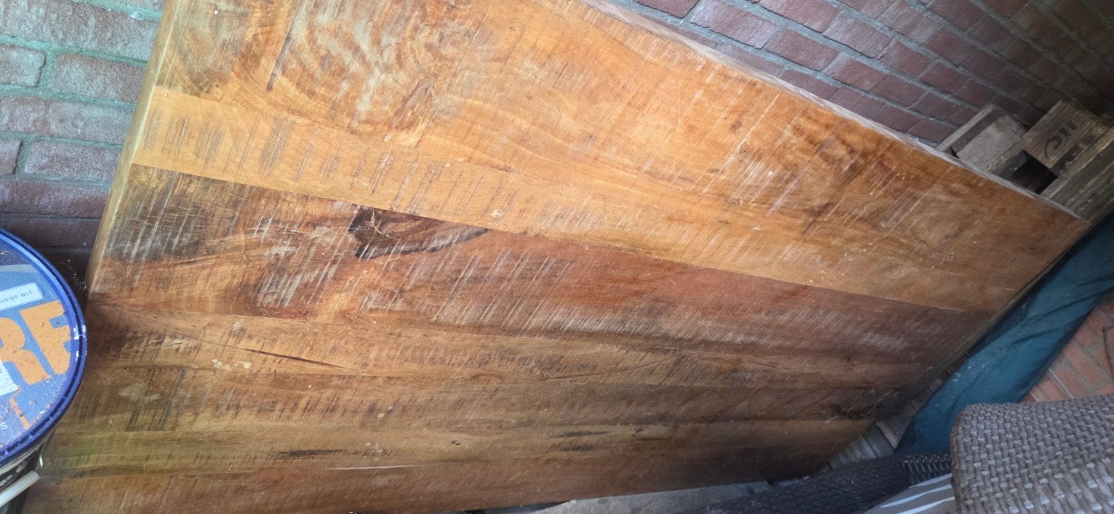 Mangohouten eettafel 200x100 cm met kolom poten, Gebruikt, Industrieel, Modern, 50 tot 100 cm, Vijf personen of meer