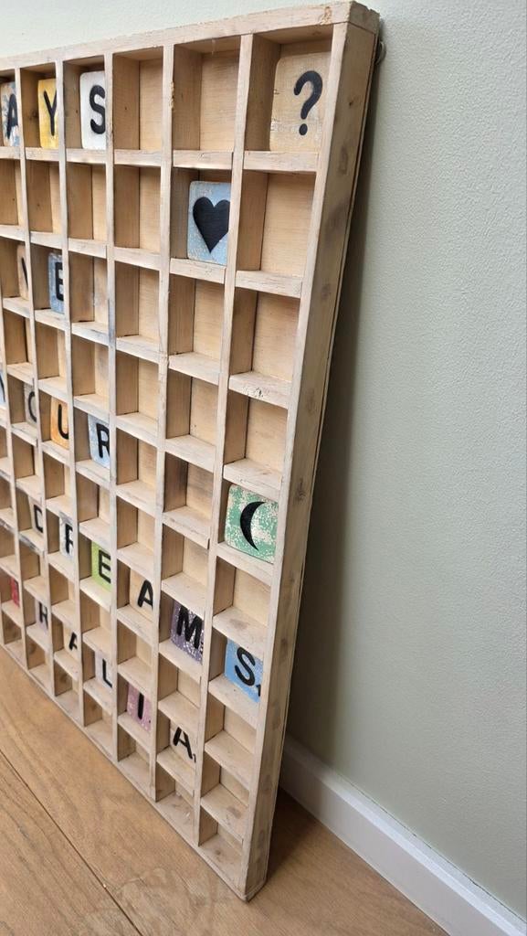Grote houten letterbak 80x80 cm met 30 tekens, Ophalen, Hout, Bruin, Landelijk