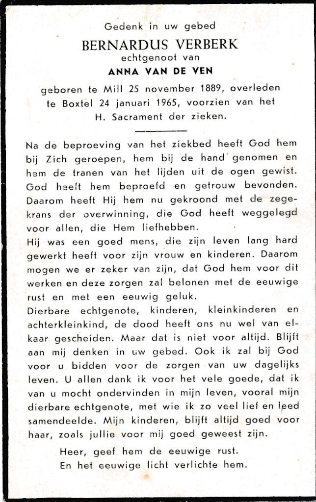Verberk Bernardus 1889 Mill 1965 Boxtel, Ophalen of Verzenden, Bidprentje
