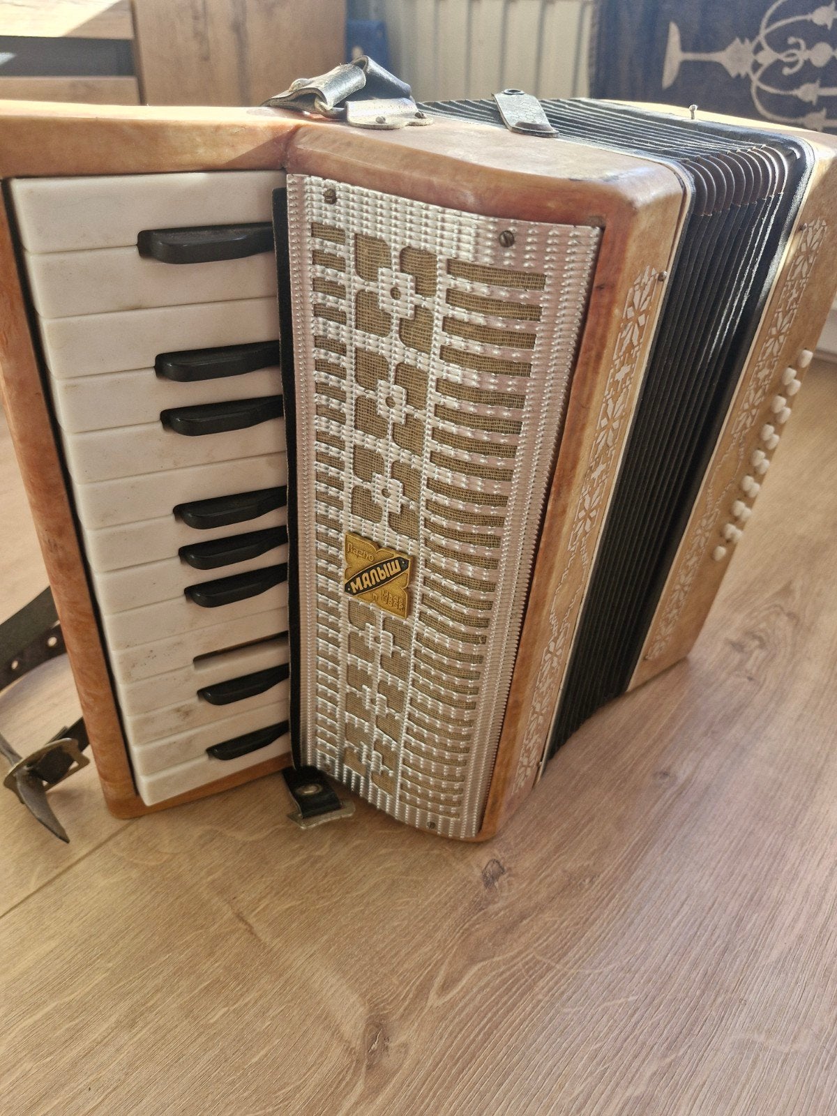 Vintage Russische Accordeon "Малыш" (Malysh) - Gebruikt, Muziek en Instrumenten, Accordeons, Overige merken, Gebruikt, Met riemen