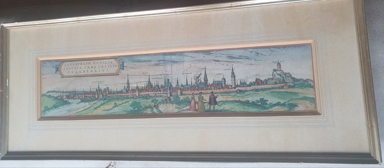 Kopergravure aanzicht Luneberg 1572 G. Braun & F. Hogenberg,, Ophalen, Handgekleurd, Cartografie, Gravure